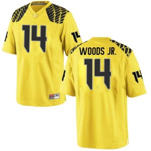 Men's Oregon #14 Haki Woods Jr. Gold Football Game Alumni Jersey 805325-667