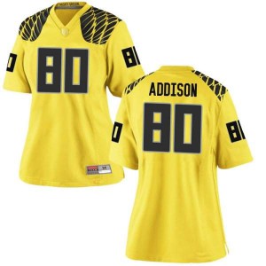 Womens University of Oregon #80 Bryan Addison Gold Football Replica Stitch Jerseys 550456-585