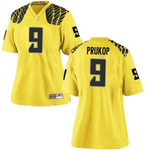 Womens University of Oregon #9 Dakota Prukop Gold Football Game Stitched Jerseys 779486-841