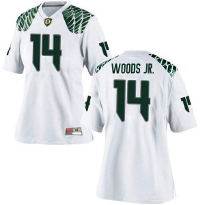 Women's Ducks #14 Haki Woods Jr. White Football Replica NCAA Jerseys 357997-800