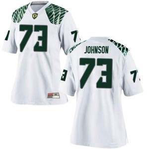 Women Oregon Ducks #73 Justin Johnson White Football Replica College Jersey 403366-975